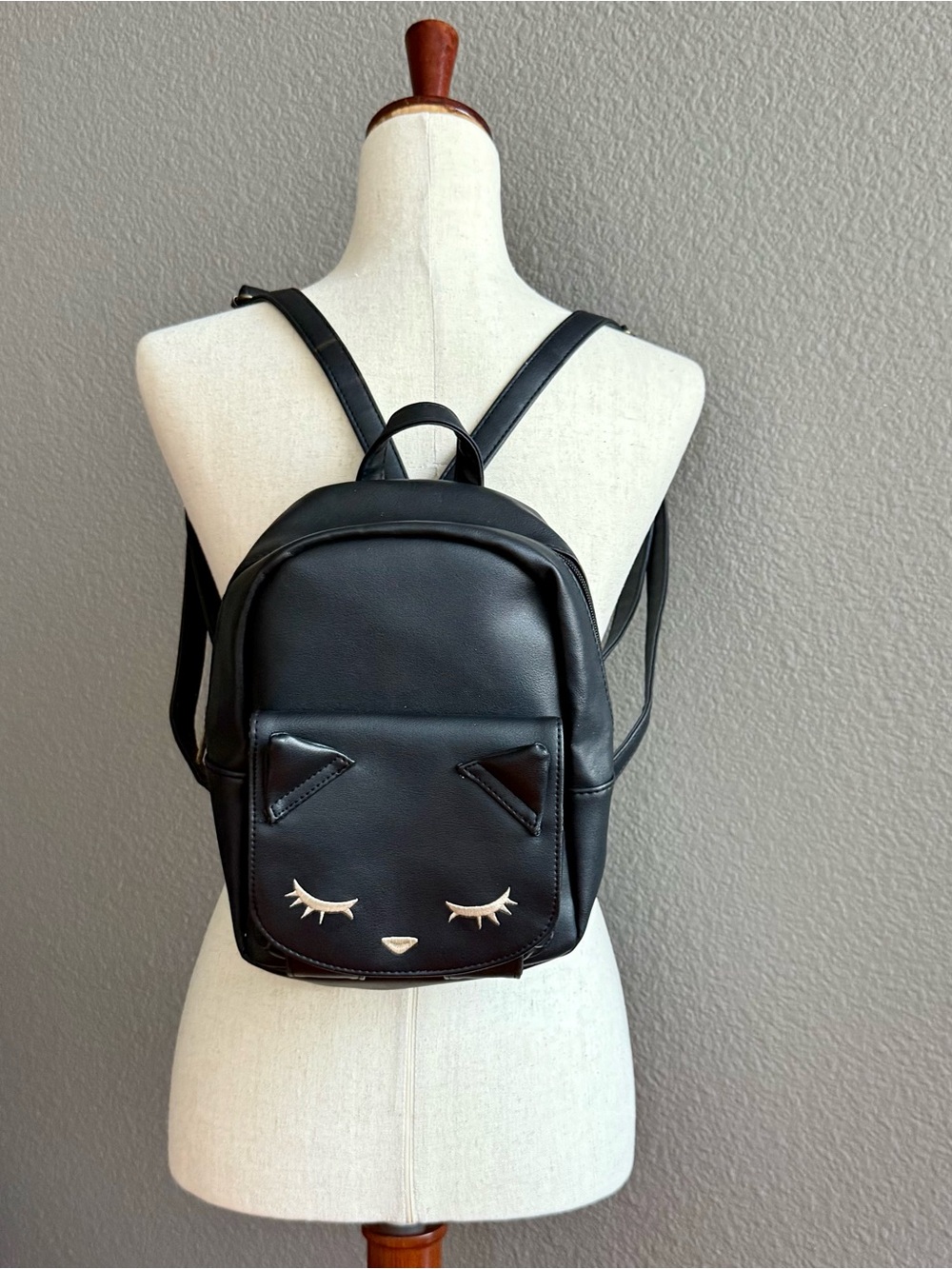 Black Faux Leather Cat-Accent Mini Backpack